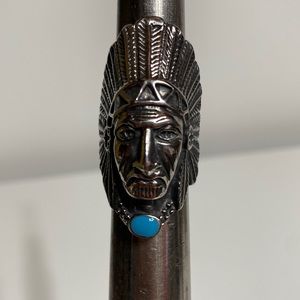 Unisex Stainless Steel Native Indian Chief Ring with light blue color